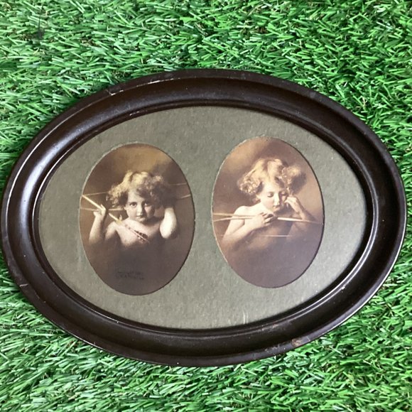 Antique Cupid Awake and Asleep Double Photo Oval Framed Picture - Picture 1 of 11